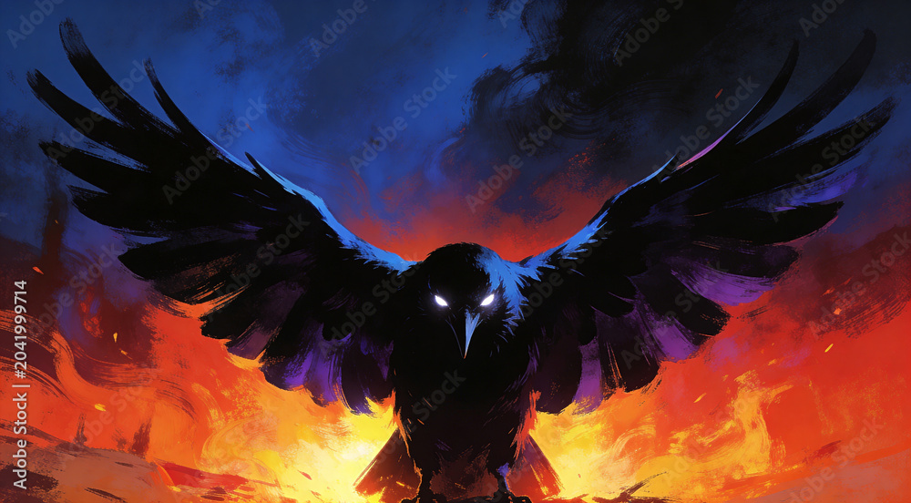 Obraz premium Dark mystical raven with glowing eyes against fiery background