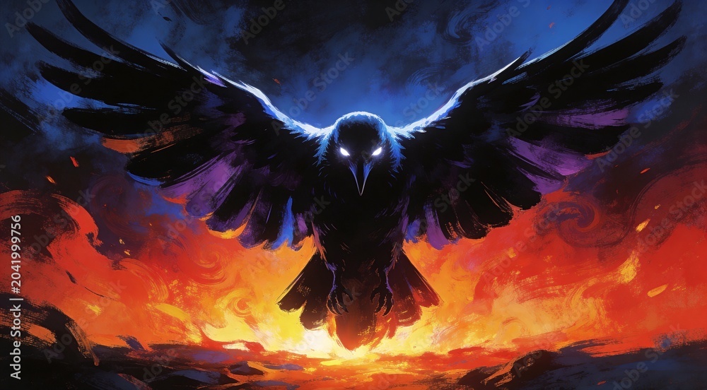 Obraz premium Majestic black raven soaring against a fiery sunset sky