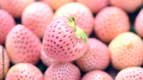 White strawberry background, Pineberry. Strawberry, fresh ripe white strawberries background close up. Organic Vegetarian healthy food backdrop, macro shot, top view, rotating