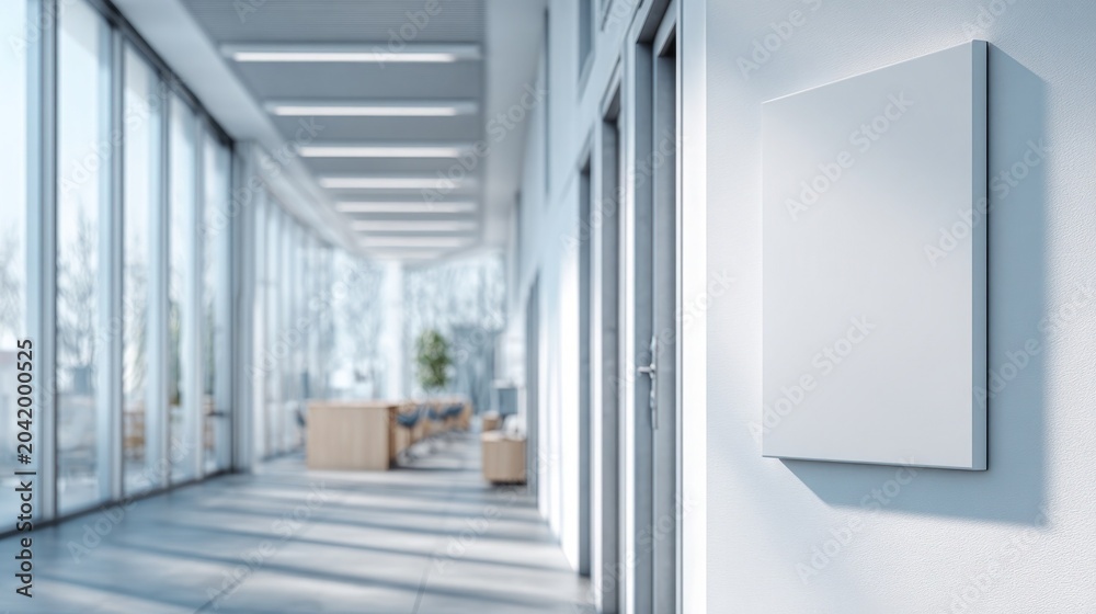 Fototapeta premium Minimalist office corridor featuring empty wall for display and bright lighting.