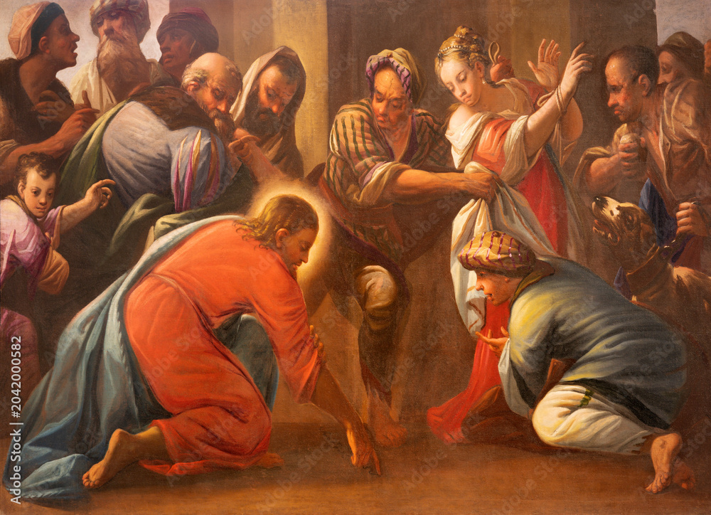 Obraz premium Bergamo - The paint of Jesus and the sinfull woman in church Chiesa di Sant Andrea by Antonio Cifrondi (1691).
