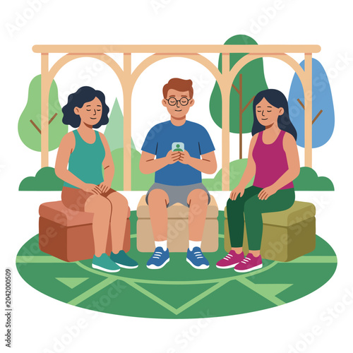 Photos Three friends sitting in a park gazebo looking sad.