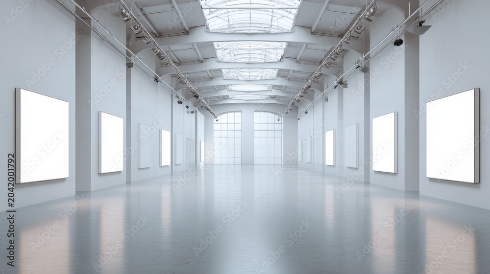 Naklejka premium Bright, modern art gallery with large blank frames and an open floor layout.