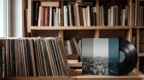 Vinyl record on display beside a collection of classic records in a cozy library.