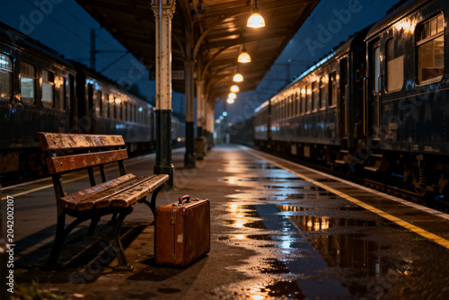 Vintage suitcase next to wooden bench on wet train platform at night