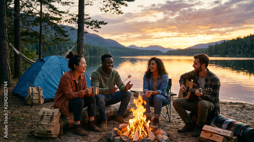Group of diverse friends camping near lake during summer vacation, outdoor adventure lifestyle, cinematic evening lighting