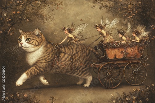 Whimsical fairies ride a cat-drawn carriage in enchanted forest