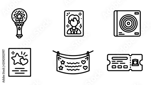 Foto K-Pop Fan Merch Icons: Lightstick, Photocard, Album, Ticket, Banner, Flyer - Vec
