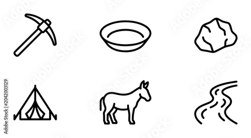 Tableau sur toile Mining Icons Set: Pickaxe, Donkey, Tent, Gold Pan, River, Rock, Prospecting Tool