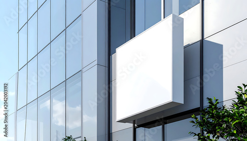Blank white square sign mounted on a modern glass office building facade with reflections and green foliage