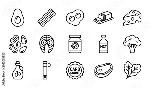Fotografie Keto Diet Food Icons, Low Carb Nutrition Vector Set, Healthy Eating Lifestyle Gr