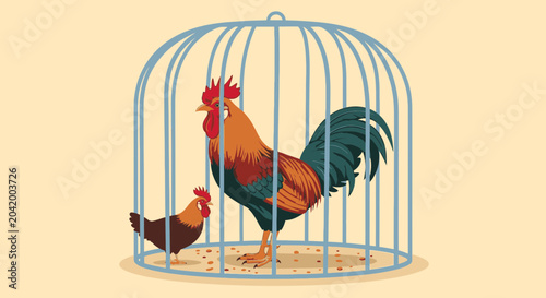 Rooster and hen inside a cage illustration against a simple beige background