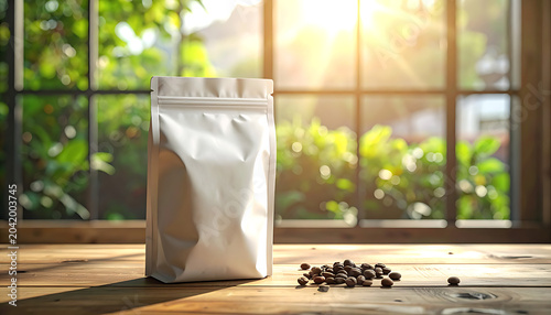 Blank white stand-up pouch bag with coffee beans on a wooden table, bright sunburst through window, natural green foliage background, product packaging mockup for coffee or tea