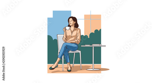 Woman enjoying coffee outdoors with city view vector illustration