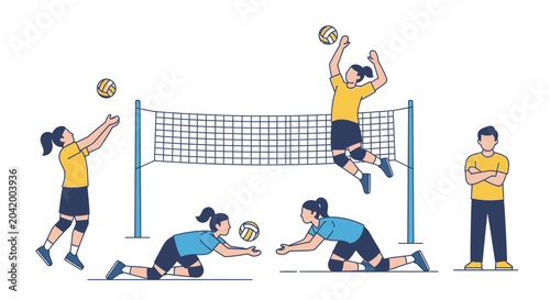 Volleyball players in action net ball and diverse poses on white background