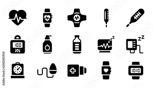 Foto Medical Health Icons: Heartbeat, Thermometer, Smartwatch, Monitor, Sleep Tracker