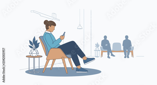 Woman using mobile phone indoors next to other people in waiting area