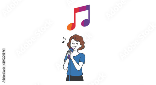 Woman singing into microphone with musical note illustration concept