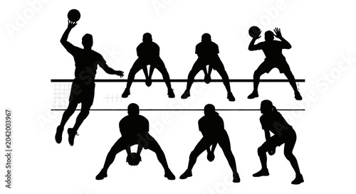 Volleyball players silhouetted in action against white background vector illustration