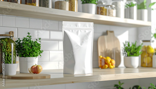 Blank white stand-up pouch packaging on a kitchen counter with fresh ingredients and herbs, modern food storage, product mockup