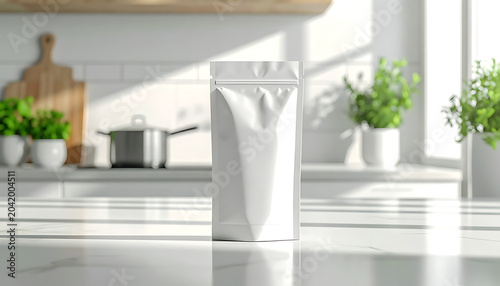 Blank white stand-up pouch packaging on a marble countertop in a sunlit kitchen, food storage, product mockup