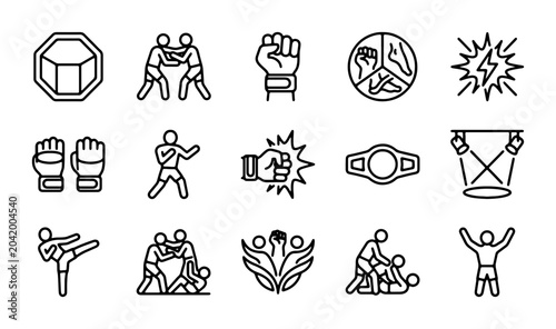 Canvastavla 15 MMA Icons Set, Combat Sports Vector Graphics, Fighting Championship Symbols,