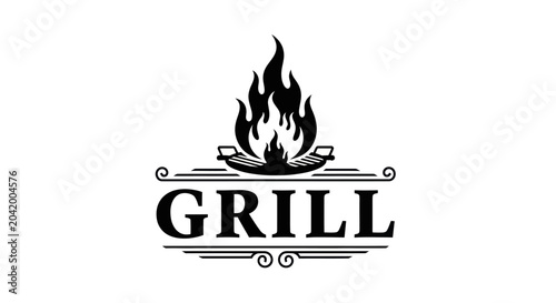Grill logo with flames and decorative elements for barbecue and restaurant branding.