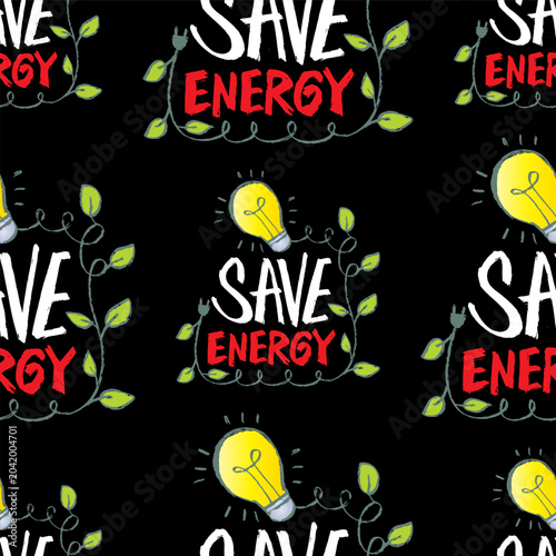 Seamless pattern with save energy lettering and light bulbs.