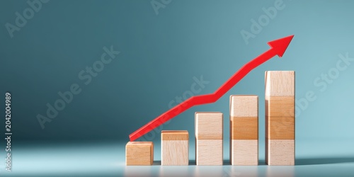 Wooden cubes stacked like steps with arrow rising upward. Business growth, success, progress. Wood blocks staircase and red line going up. Blue background. Conceptual bar chart. Increasing results.