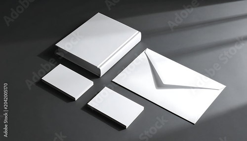 Blank white stationery set including envelope, business cards and stack of paper on a dark gray surface with dramatic shadows and light streaks, for branding mockup