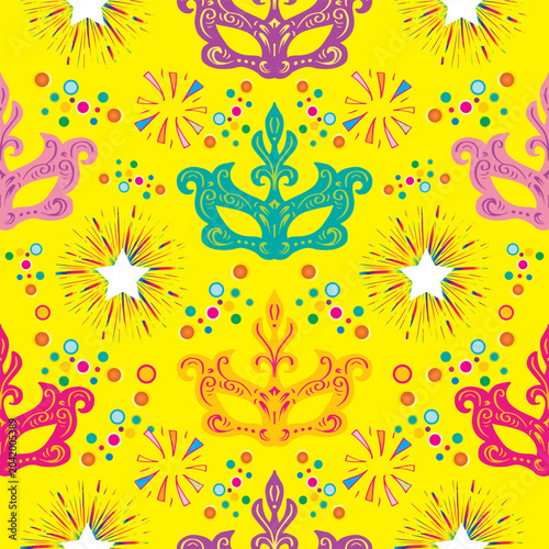 Seamless pattern with carnival masks and fireworks. Yellow background. Vector illustration.