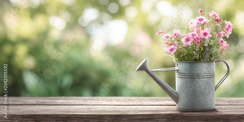 Yellow vibrant flowers bunch filling a metal garden watering can on table. Green yard in light. Vintage rustic work tool. Summer pink flower bouquet. Gardening landscaping concept. Copy space at side