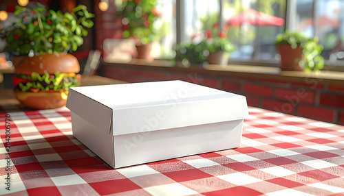 Blank white takeout box on red gingham tablecloth, with a blurred burger and plants in a sunlit cafe setting, perfect for food delivery branding