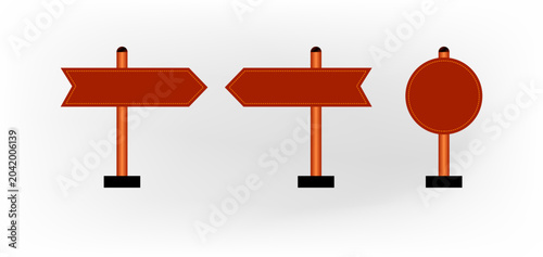 set of three red and white wooden arrow signs