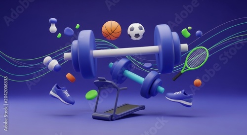 National Physical Fitness and Sports Month 3D illustration with sports equipment