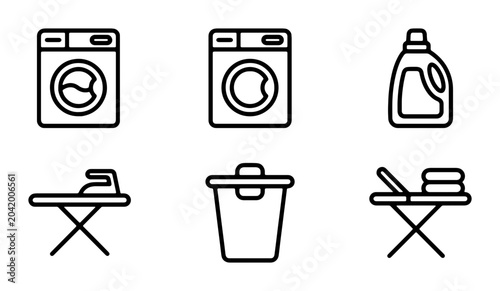 Bild auf Leinwand Laundry Icons Set: Washing Machines, Detergent, Ironing Board, Trash Can, Clean