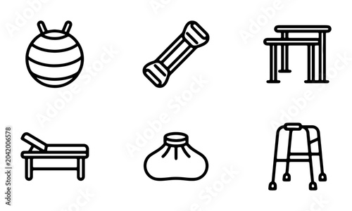 Tableau sur toile Fitness and Rehabilitation Equipment Icons: Exercise Ball, Dumbbell, Parallel Ba
