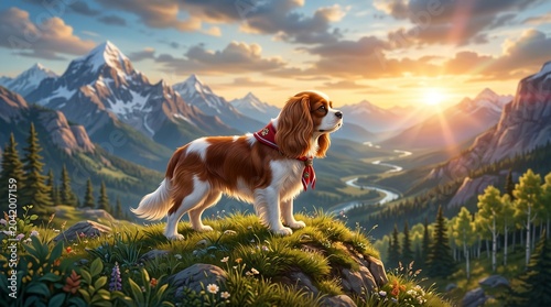 cavalier king charles spaniel profile in mountain landscape at sunset