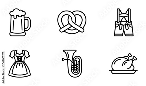 Tableau sur toile Oktoberfest Icons Set: Beer Mug, Pretzel, Lederhosen, Dirndl, Tuba, Roasted Chic