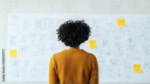 A person with curly hair in a mustard sweater studies a wall filled with charts, graphs, and sticky notes, seemingly analyzing data or planning a project.