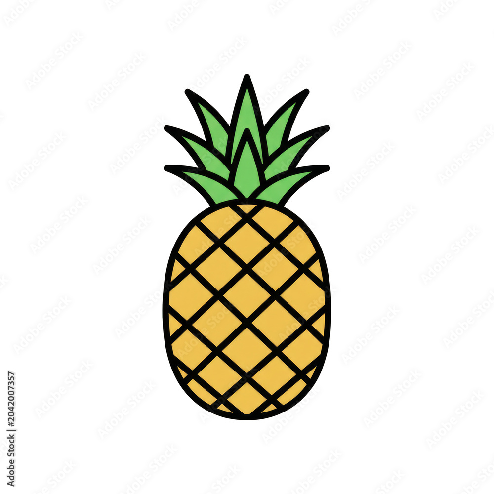 Obraz premium A minimalist, digital drawing of a pineapple with a yellow, diamond-patterned rind and green leaves, isolated on transparent background