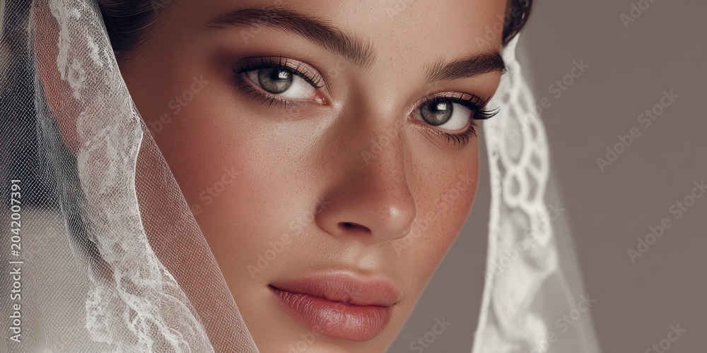 Fototapeta premium Woman with veil looking towards the viewer in soft focus studio lighting