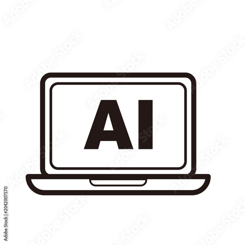 AI搭載ノートパソコンのアイコン　人工知能・機械学習・生成AIのシンプルな線画ベクター