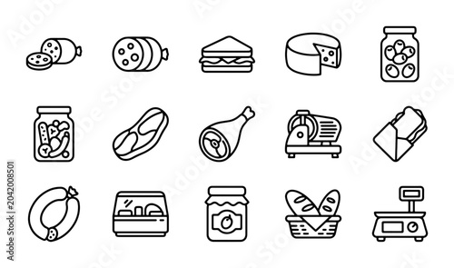 Photos Butcher Shop Icons, Delicatessen Food Vector Set, Meat Cheese Grocery Line Art C