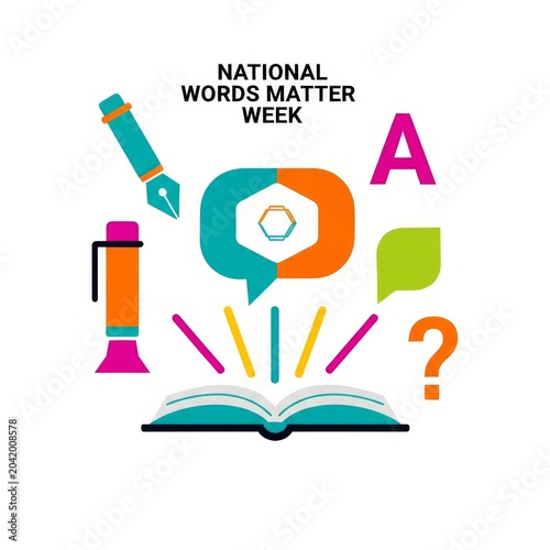 National Words Matter Week illustration with education and communication icons