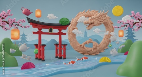 Asian American and Pacific Islander Heritage Month illustration with dragon and torii gate
