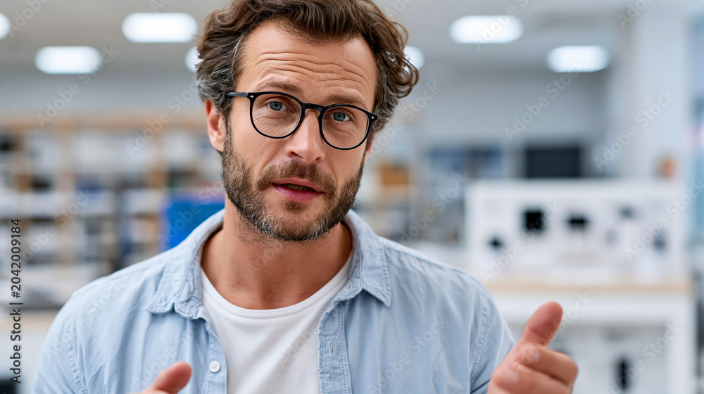 Obraz premium Professional man with glasses and beard having a conversation, explaining a concept or giving advice in a modern electronics store setting, gesticulating with hands, copy space