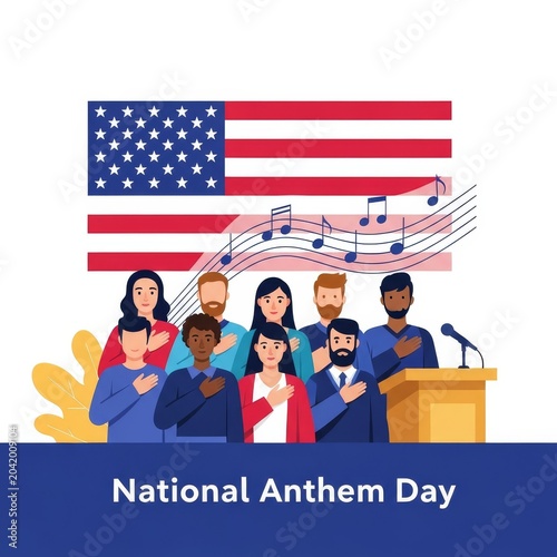 Diverse group of people placing hand on heart for National Anthem Day illustration