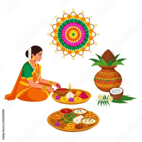 Ugadi festival illustration: woman performing pooja with Kalash and food