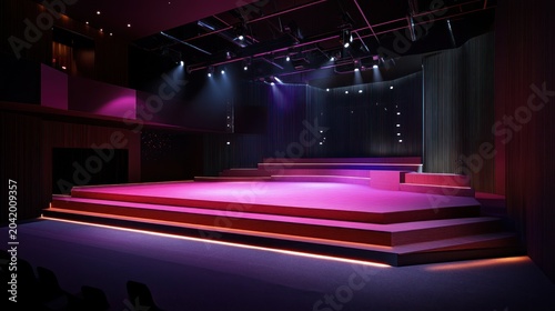 Modern theater stage, vibrant lighting, empty auditorium, digital rendering, for event planning